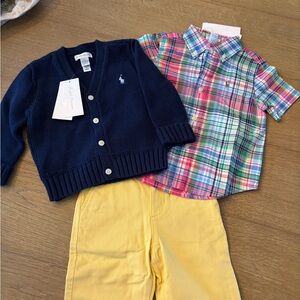 Polo by Ralph Lauren Navy Cardigan, Yellow Pants & Plaid Button Down Set